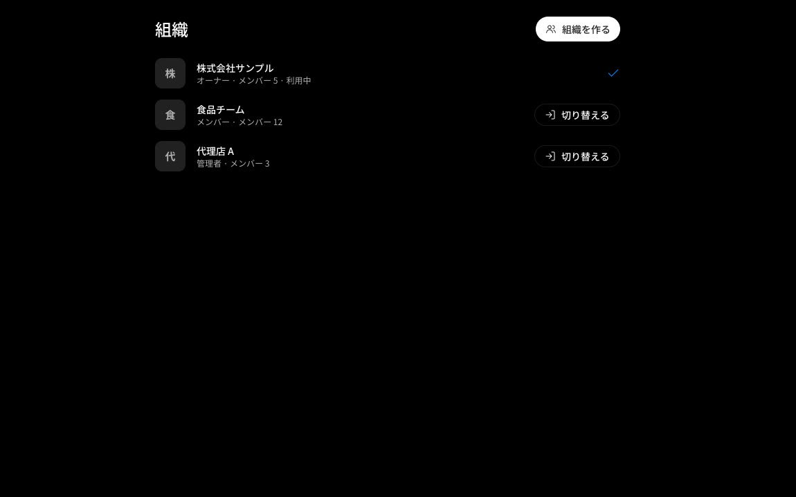 組織の画面。組織の一覧と切り替えのボタン