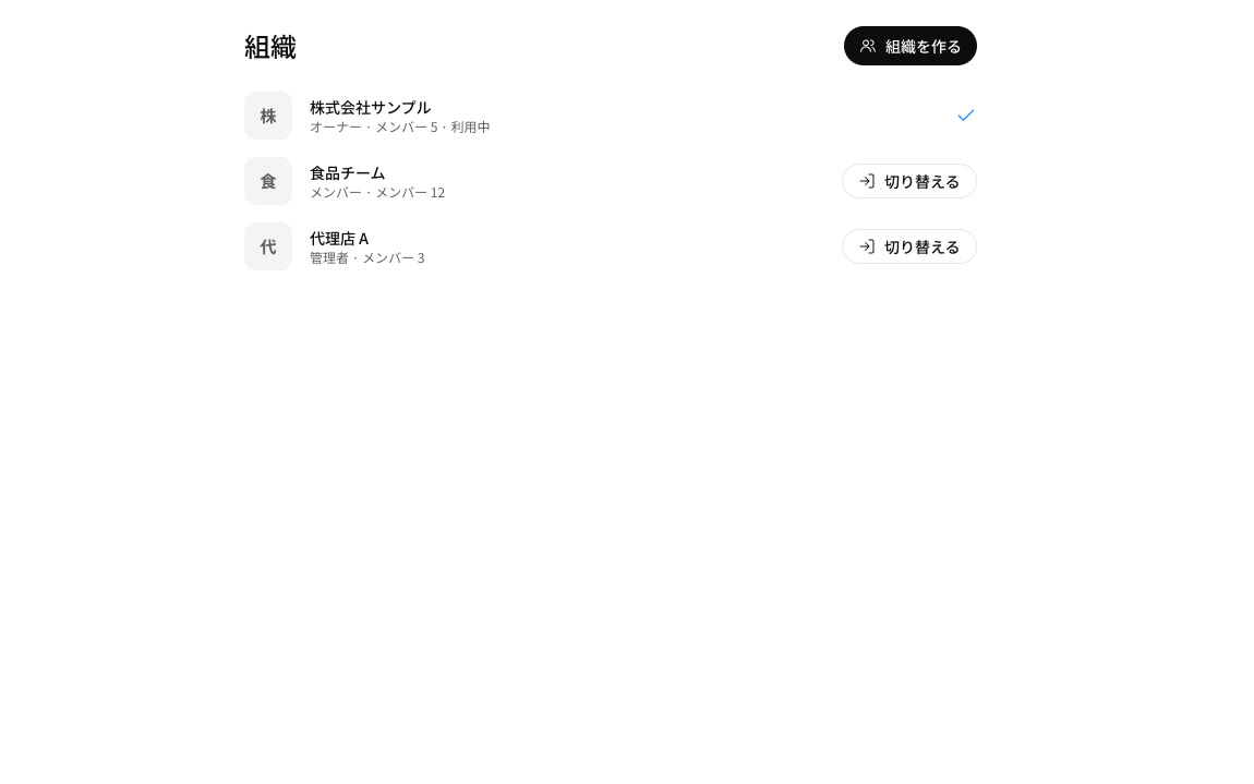 組織の画面。組織の一覧と切り替えのボタン